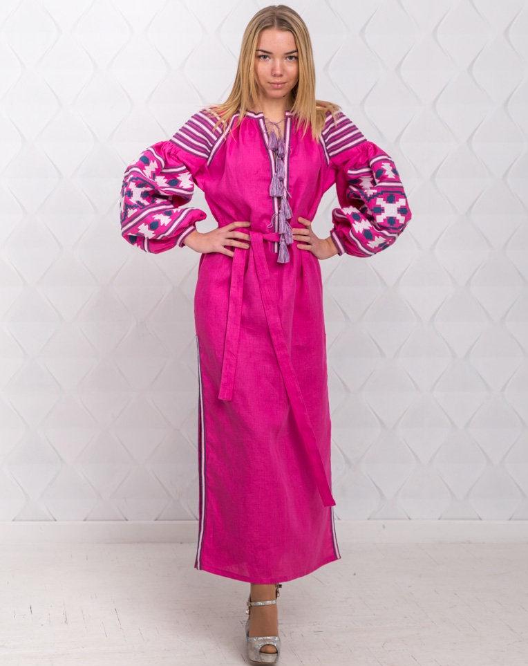 Size 4US/S! Fuchsia Linen Embroidered Dress with Tassels - Ukrainian Folk Maxi Dress