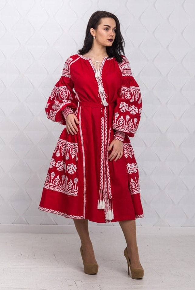 Size 6US! Embroidered Red Midi Dress - Ukrainian White Embroidery Boho Dress - Chic Stylish Midi Outfit