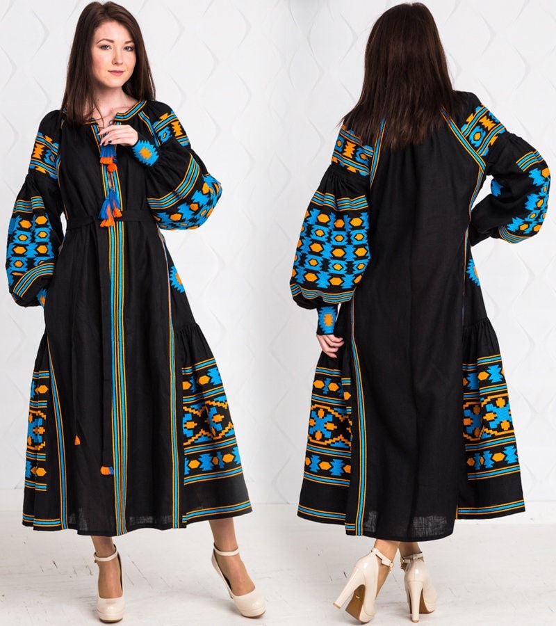 Size 2US//34EU//XS! Bohemian Embroidered Black Maxi Dress – Ukrainian Folk Long Sleeve Gown with Geometric Pattern and Tassel Detail, Handmade Ethnic Fashion