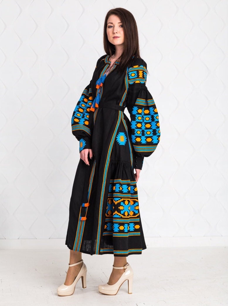 Size 2US//34EU//XS! Bohemian Embroidered Black Maxi Dress – Ukrainian Folk Long Sleeve Gown with Geometric Pattern and Tassel Detail, Handmade Ethnic Fashion