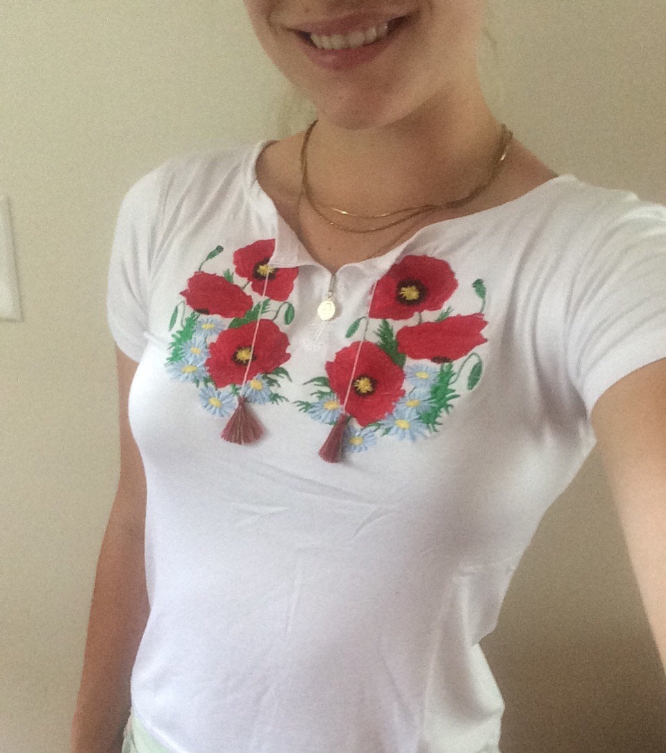 Sizes S,L-XXL. Women's White T-Shirt with Red Poppy Embroidery - Boho Floral Design Top