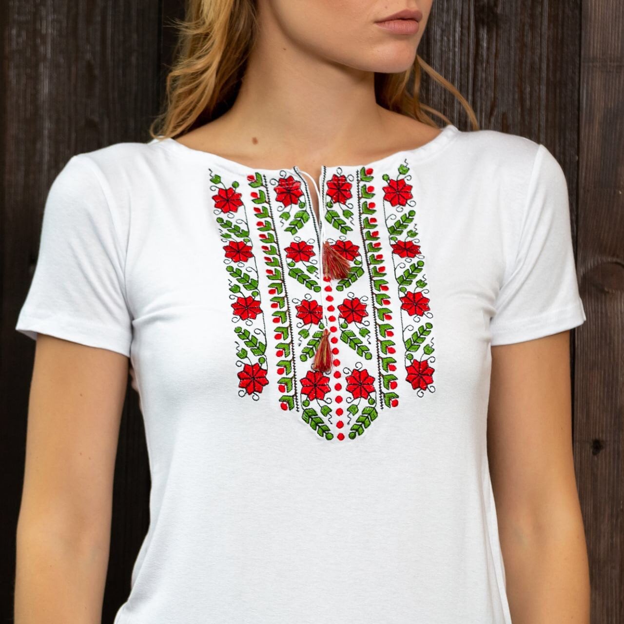 Sizes S-3XL. White Embroidered T-shirt with red flowers - Botanical Folk Top