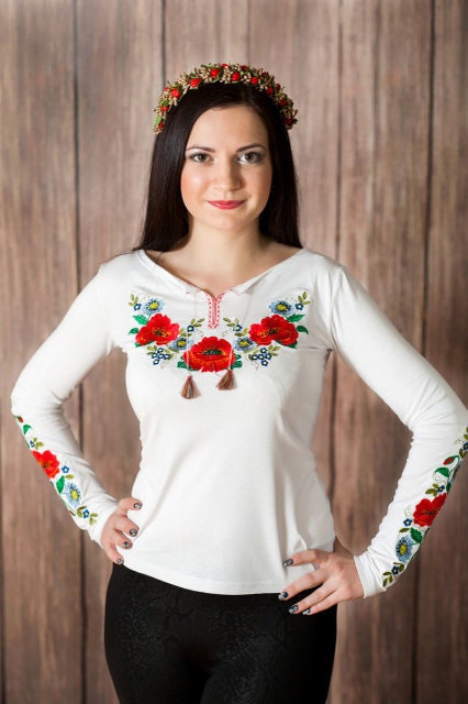 Sizes L-XXL. White Blouse with Red Poppy and Cornflower Embroidery - Folk Long Sleeve Top