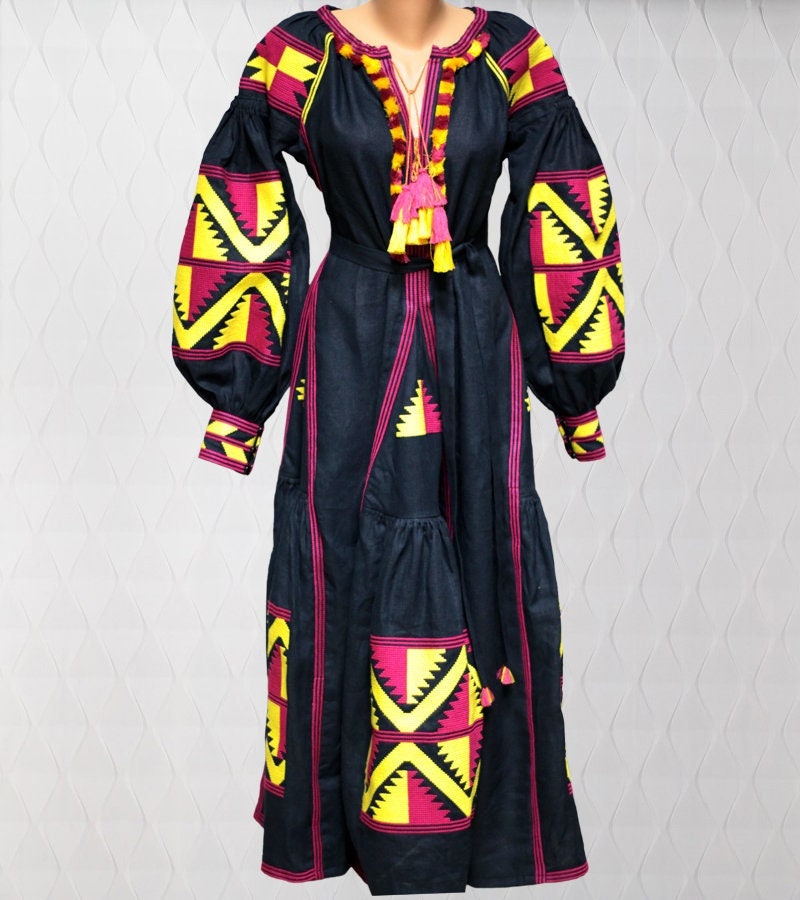 Size 4US/S! Bohemian Maxi Embroidered Dress – Black Ukrainian Folk Dress with Bold Pink and Yellow Geometric Embroidery and Tassel Accents
