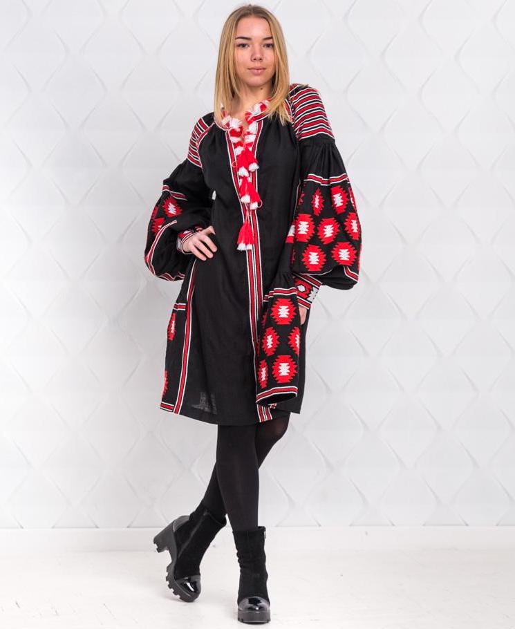 Size 4US/36EU! Red Echo – Black Ethnic Dress with Bold Ukrainian Embroidery - Vyshyvanka Kaftan - Ethnic Folk Chic Abaya