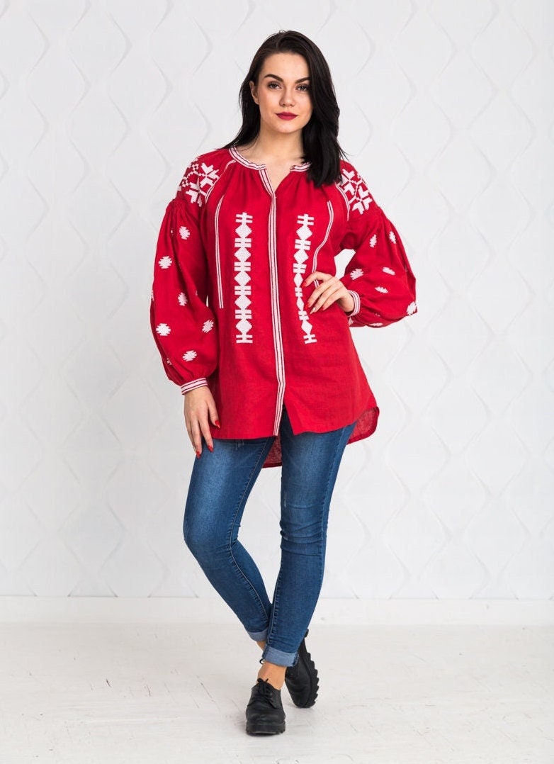 Size 8US//40EU! Red Linen Embroidered Blouse Vyshyvanka – Boho Chic Mexican Folk Top, Ethnic Bohemian Fashion