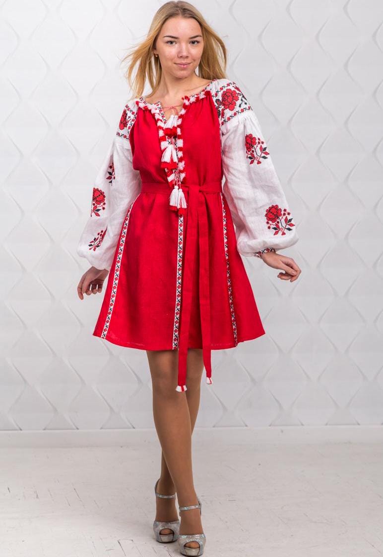 Size 4US! Red Floral Embroidered Linen Dress - Ukrainian Folk Vyshyvanka