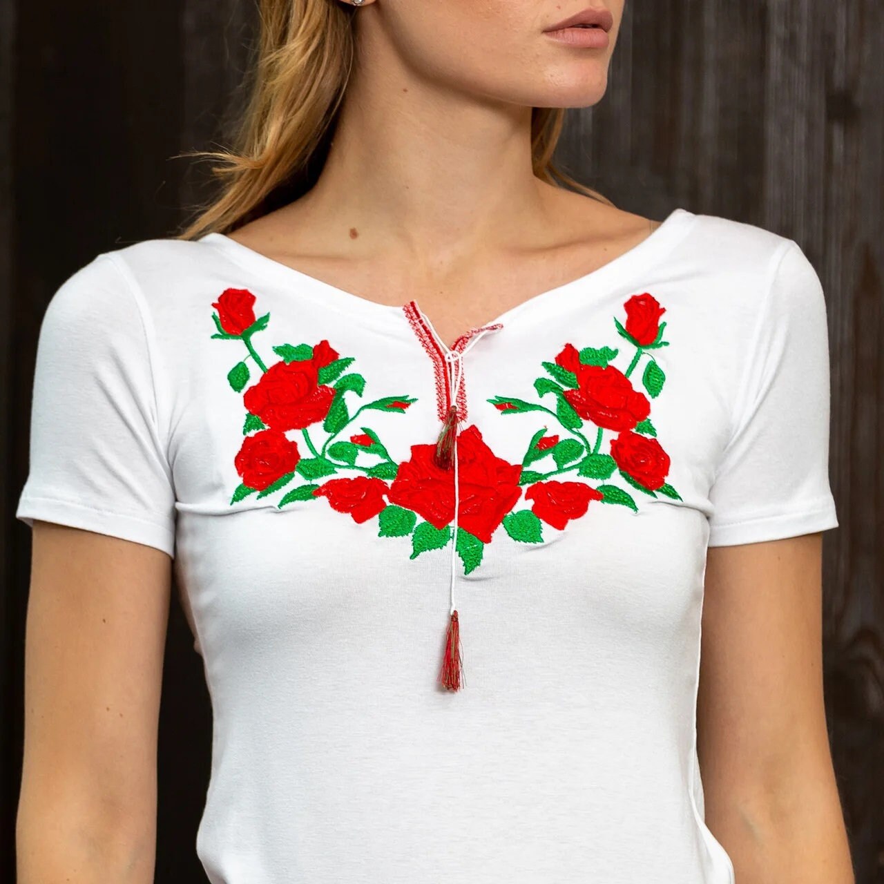 Size L. Women's Vyshyvanka T-Shirt - Ukrainian Ethnic Embroidered Tee - White Boho Top with Roses