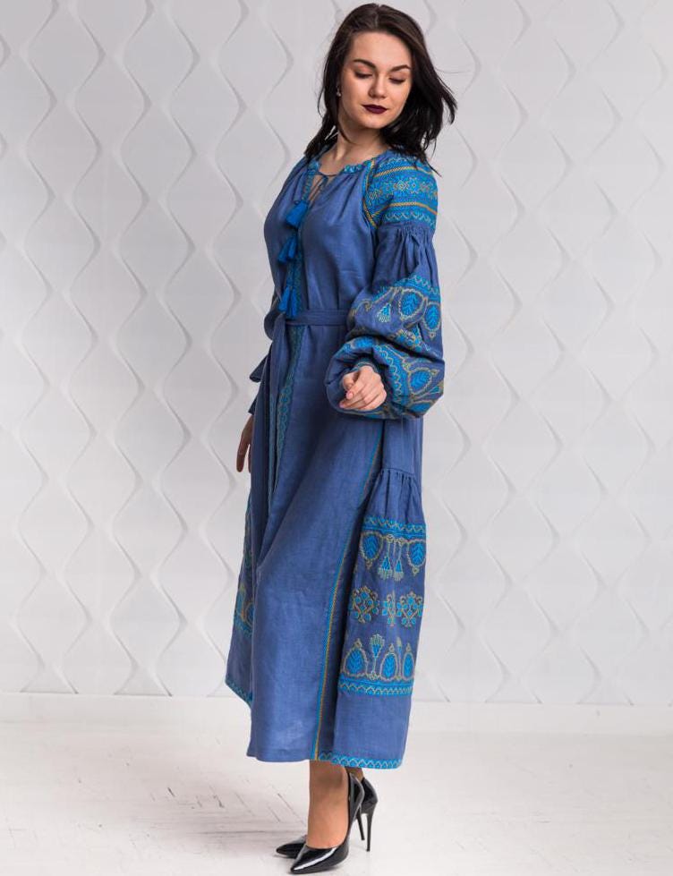 Size M! Blue Linen Embroidered Dress with Tassels - Ukrainian Folk Maxi Dress