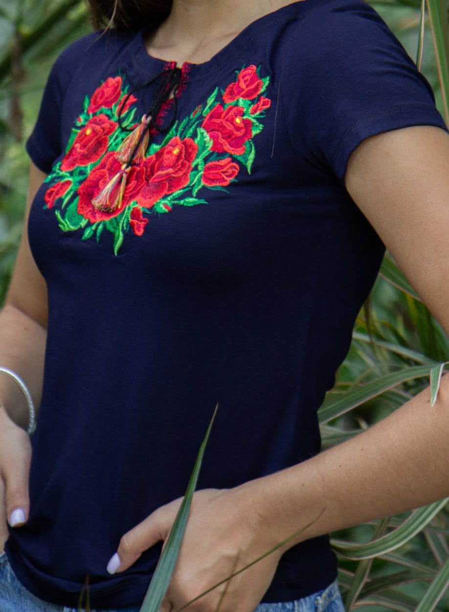Sizes S-XL. Blue Tee with Polish Folk Embroidery. Highlander Blouse with Floral Design. Ukrainian Tee. Mexican Folklore Top. Mother's Day Gift