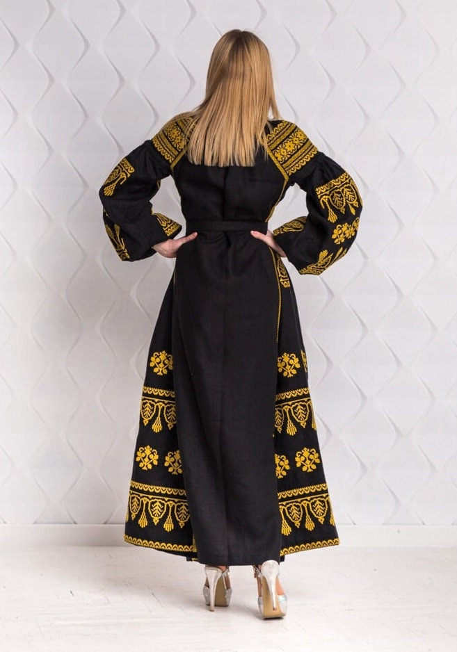 Size S! Ethnic Vyshyvanka Dress - Black Linen Embroidered Dress - Ukrainian & Mexican Boho Chic Kaftan - 100% Linen Abaya - Fashion Folk Caftan