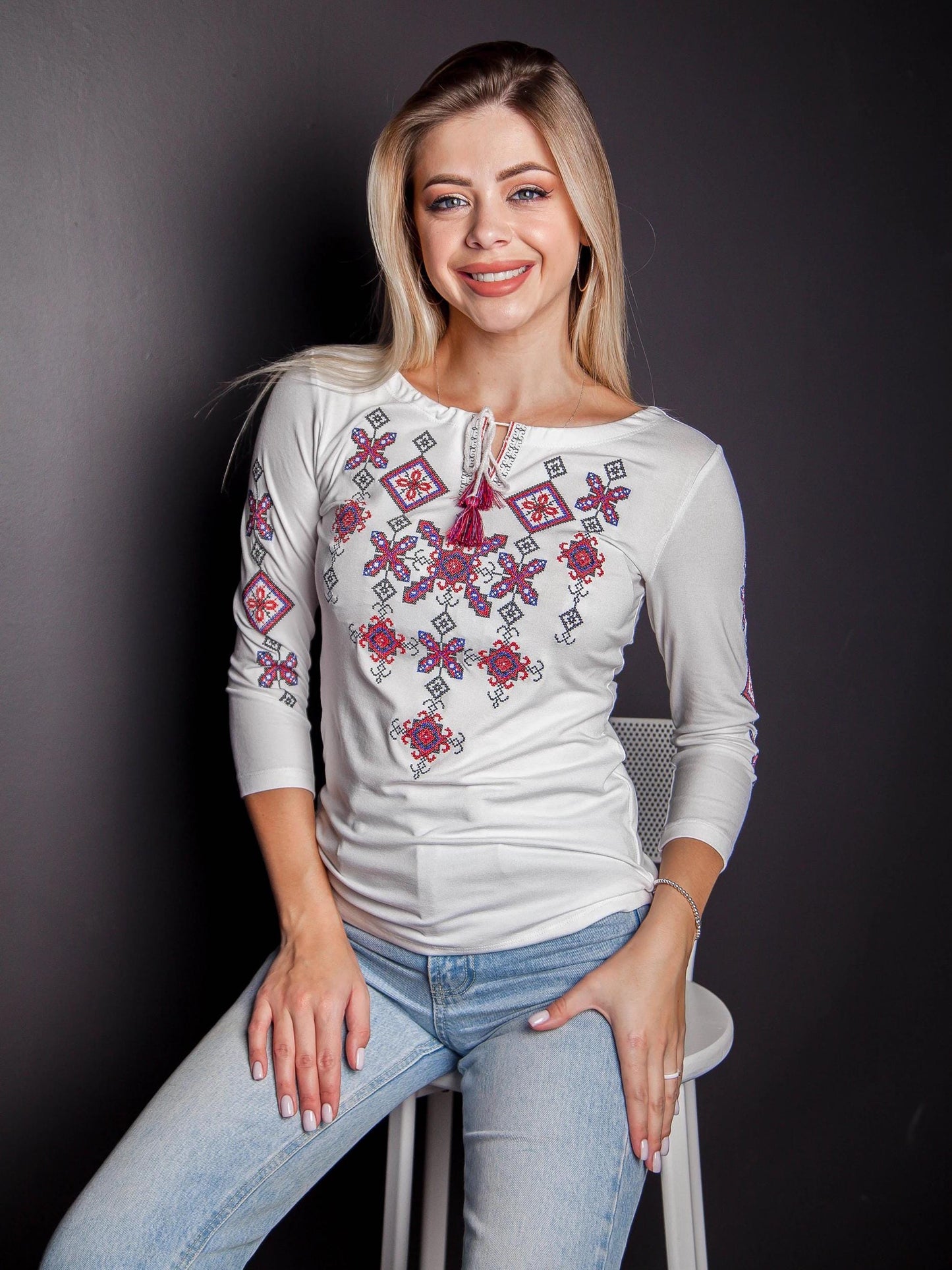 Sizes S-4XL. White Folk Blouse with Geometric Embroidery - Ukrainian Traditional Shirt