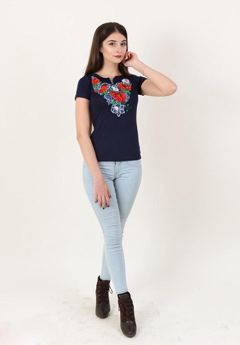 Sizes S,M. Navy Bohemian Floral Top - Stylish Embroidered Tee - Chic Botanical Hippie T-shirt