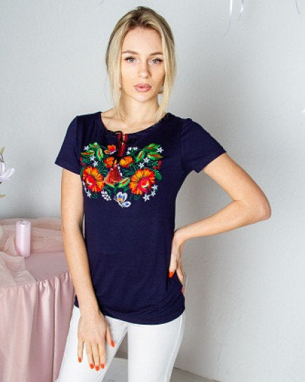 Sizes M-XXL. Navy Embroidered Floral T-Shirt – Bohemian Ukrainian Folk Top with Colorful Mexican-Inspired Flowers and Botanical Cross Stitch Design