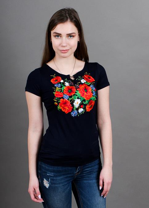 Size M. Navy Blue Embroidered T-Shirt - Women's Floral Ukrainian Vyshyvanka Tee - Boho Folk Top with Poppies and Wildflowers