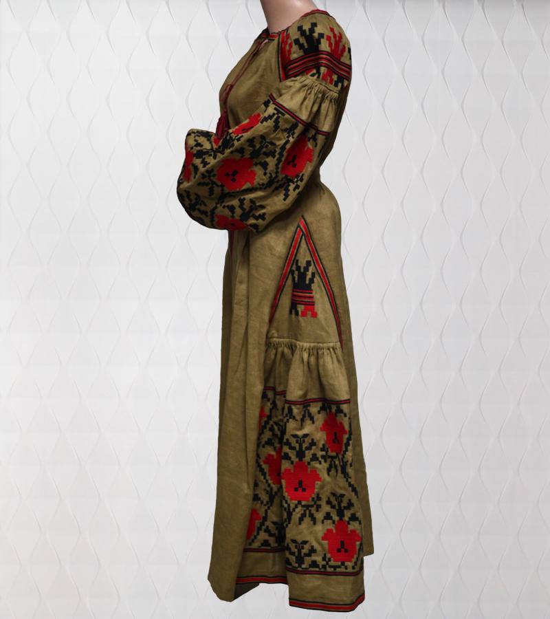 Size M! Bohemian Chic Olive Linen Embroidered Dress. Folk Style Maxi Dress with Red Floral. Handmade Ethnic Kaftan. Traditional Gypsy Abaya Dress