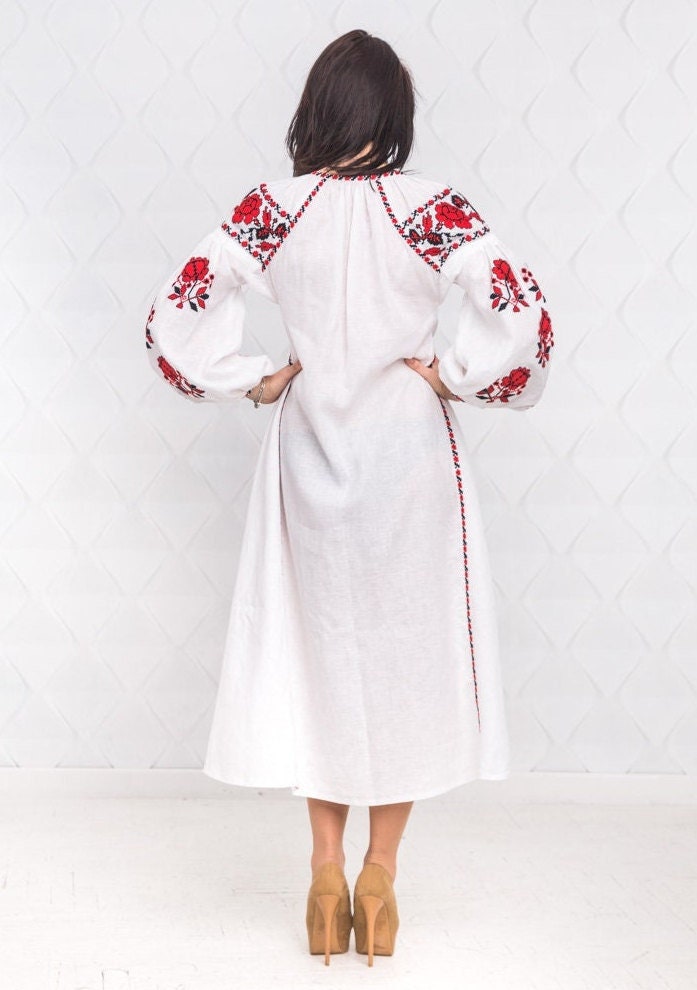 Size 6US/38EU! White Linen Embroidered Dress – Ukrainian Boho Folk Long Sleeve Dress with Red Floral Motif