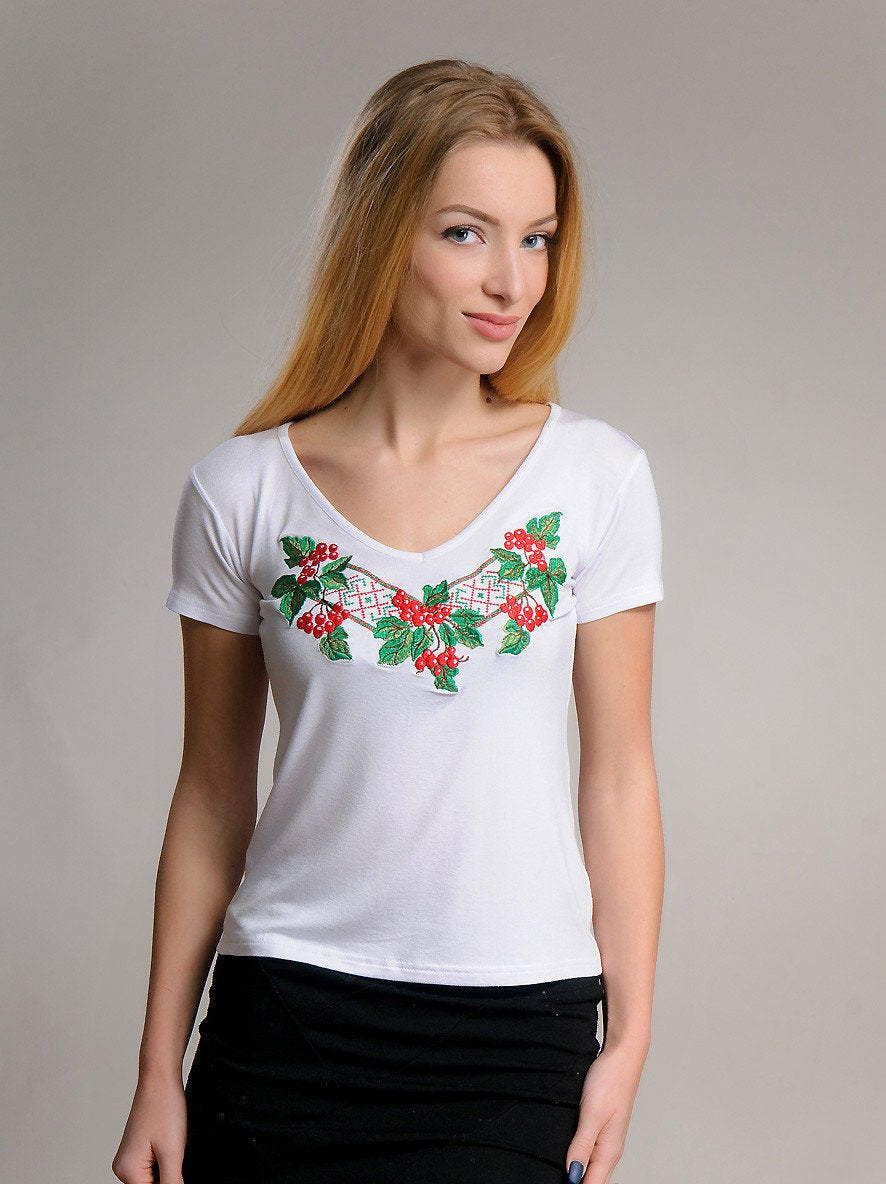 Size S. Women's White Embroidered Tee with Viburnum - Boho Gardener Shirt - Chic Boho Top