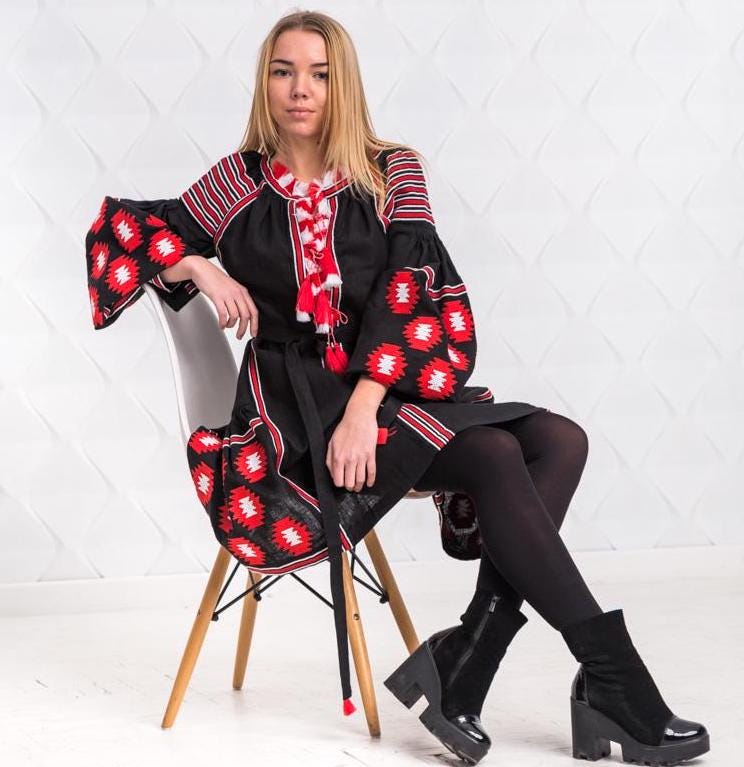 Size 4US/36EU! Red Echo – Black Ethnic Dress with Bold Ukrainian Embroidery - Vyshyvanka Kaftan - Ethnic Folk Chic Abaya