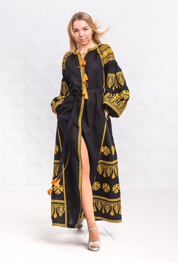 Size S! Ethnic Vyshyvanka Dress - Black Linen Embroidered Dress - Ukrainian & Mexican Boho Chic Kaftan - 100% Linen Abaya - Fashion Folk Caftan