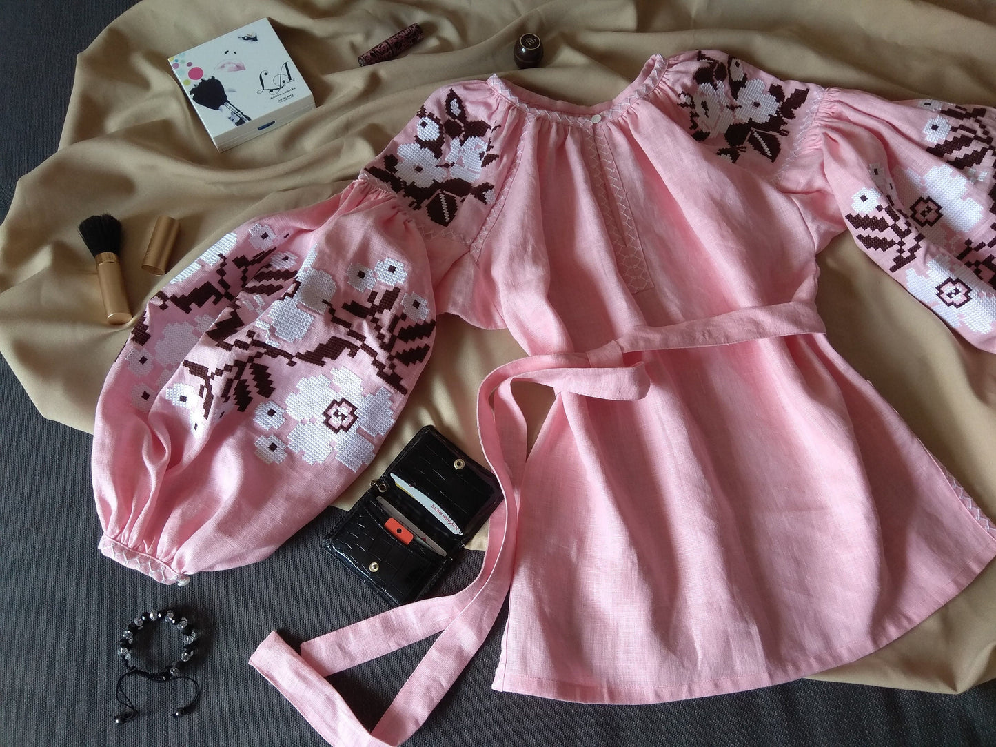 Size XS! Blush Bloom — Linen Embroidered Folk Blouse with Botanical Charm