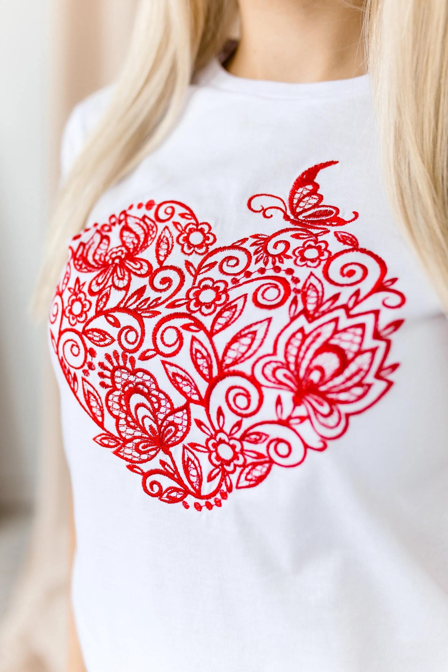 Size S. Embroidered White T-Shirt with Red Heart Design