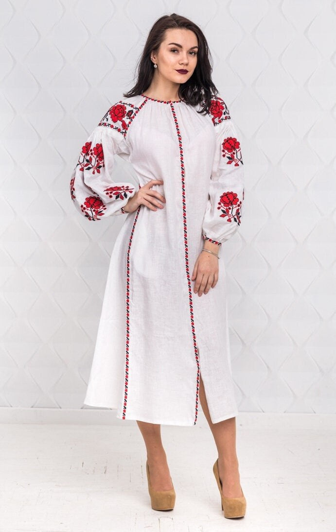 Size 6US/38EU! White Linen Embroidered Dress – Ukrainian Boho Folk Long Sleeve Dress with Red Floral Motif
