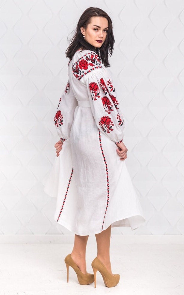 Size 6US/38EU! White Linen Embroidered Dress – Ukrainian Boho Folk Long Sleeve Dress with Red Floral Motif