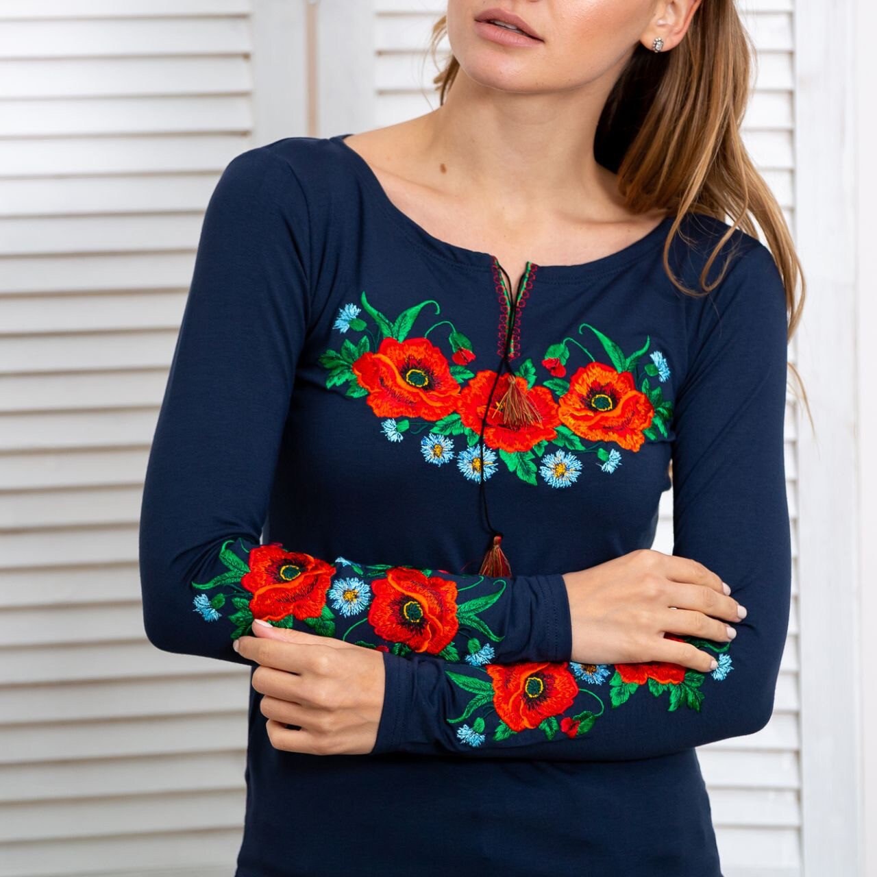 Size XL. Navy Blue Embroidered Blouse with Poppy Flowers – Ukrainian Folk Floral Long Sleeve Top