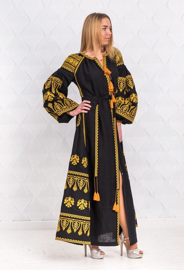 Size S! Ethnic Vyshyvanka Dress - Black Linen Embroidered Dress - Ukrainian & Mexican Boho Chic Kaftan - 100% Linen Abaya - Fashion Folk Caftan