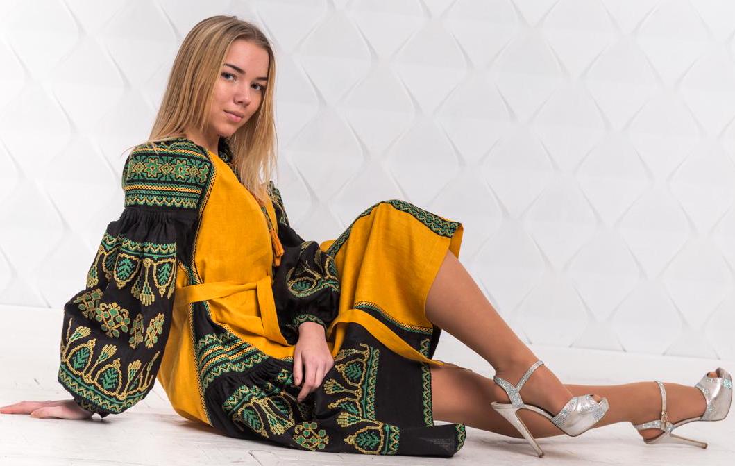 Size S! Mustard Boho Dress - Embroidered Linen Ukrainian Kaftan - Bohemian Chic Traditional Dress - Mexican Ethnic Outfit