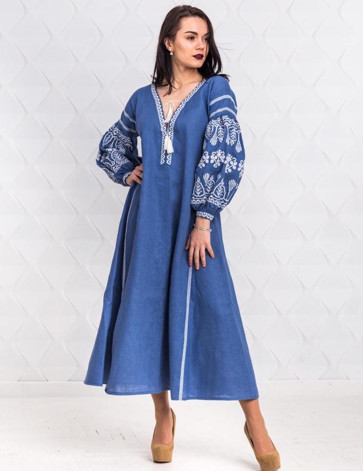 Size 4US/S! Boho Hippie Dress - Elegant Blue Linen Embroidered Dress - Bohemian Chic Maxi Kaftan