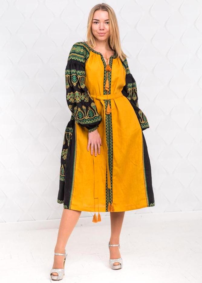 Size S! Mustard Boho Dress - Embroidered Linen Ukrainian Kaftan - Bohemian Chic Traditional Dress - Mexican Ethnic Outfit
