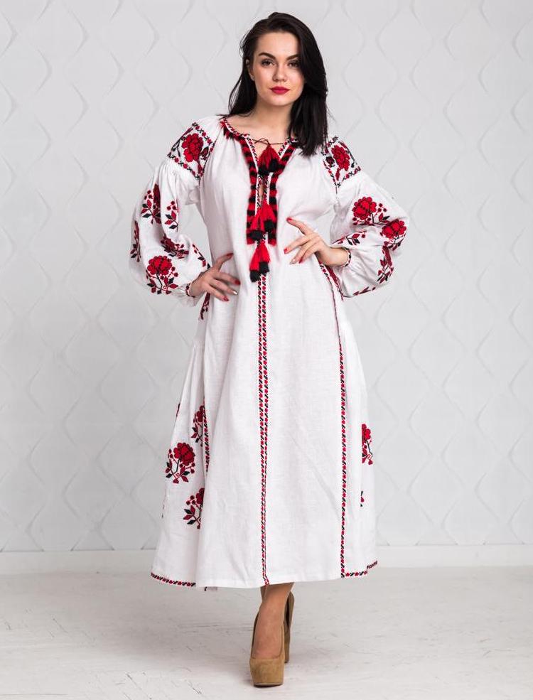 Size 8US/M! White Embroidered Maxi Dress - Bohemian Ukrainian Vyshyvanka - Traditional Folk Linen Gown