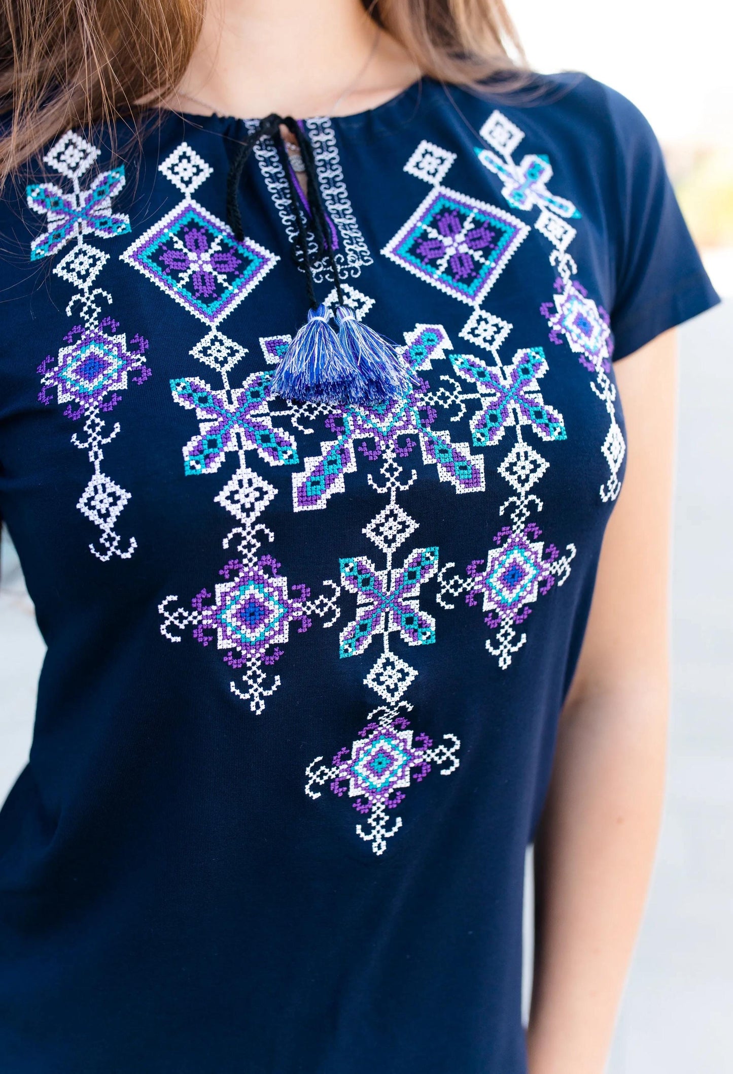 Sizes M-3XL. Bohemian Folk Navy Blue T-shirt with Intricate Embroidery - Mexican Top with Short Sleeves - Stylish Boho Chic Tee
