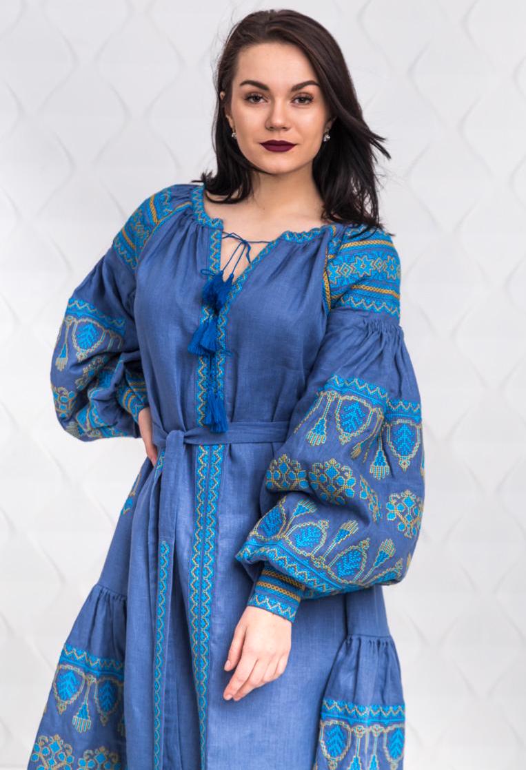 Size M! Blue Linen Embroidered Dress with Tassels - Ukrainian Folk Maxi Dress