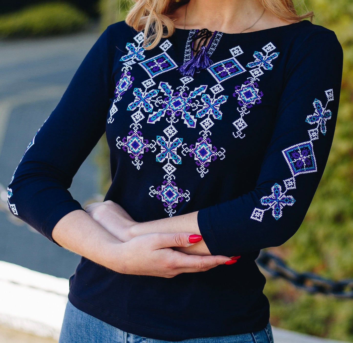 Sizes S-XXL,4XL. Dark Navy Blouse with Violet Geometric Embroidery - Ukrainian Folk Top