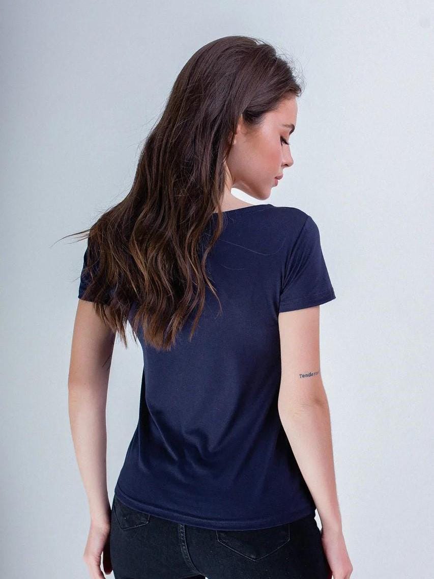 Sizes S-XL. Women's Embroidered Navy Blue T-Shirt - Short-Sleeve Boho Chic Vyshyvanka with Geometric Folk Patterns - Stylish Ethnic Slavic Shirt