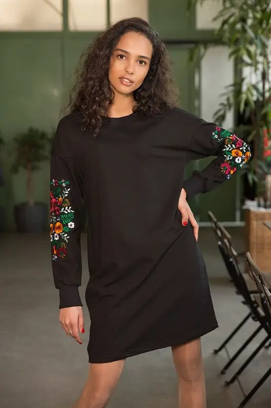 Sizes S-3XL. Black Floral Embroidered Sweatshirt Dress – Casual Boho Chic Style for Women