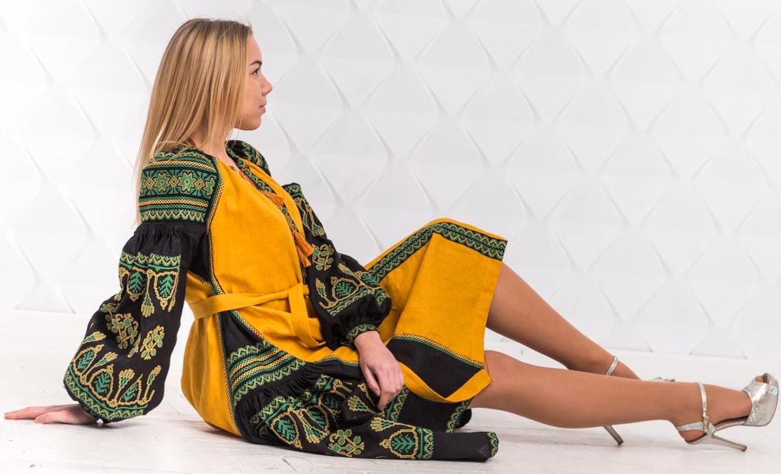 Size S! Mustard Boho Dress - Embroidered Linen Ukrainian Kaftan - Bohemian Chic Traditional Dress - Mexican Ethnic Outfit