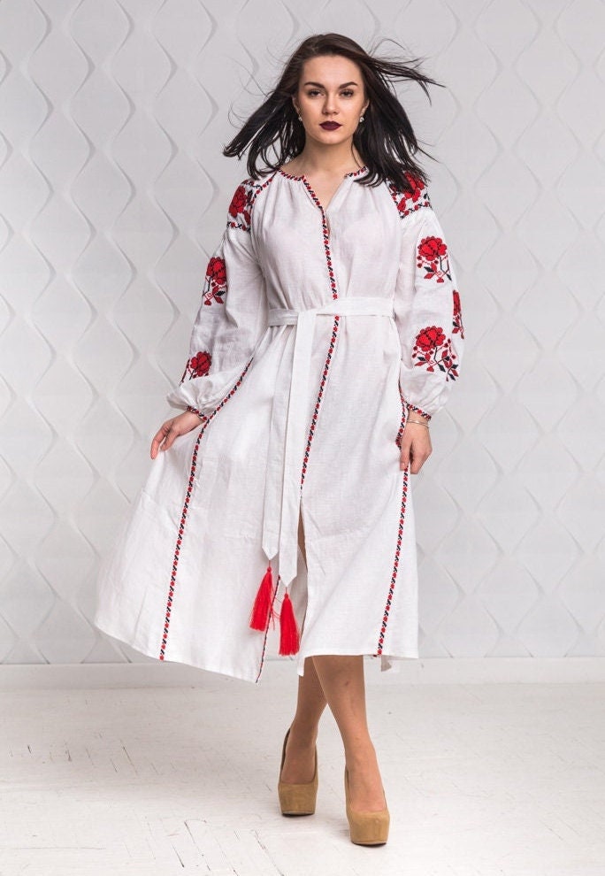 Size 6US/38EU! White Linen Embroidered Dress – Ukrainian Boho Folk Long Sleeve Dress with Red Floral Motif