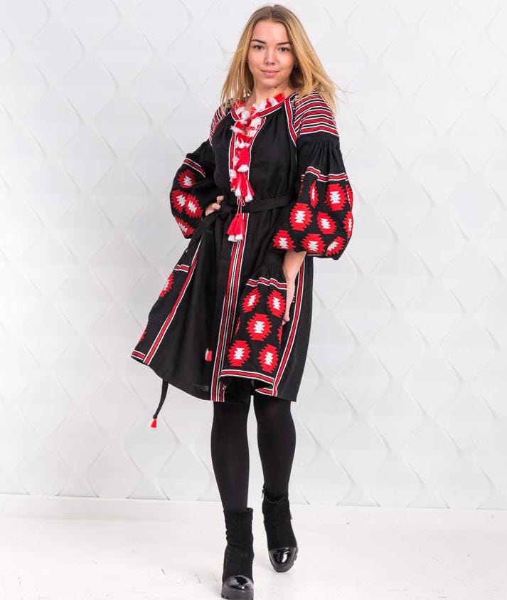 Size 4US/36EU! Red Echo – Black Ethnic Dress with Bold Ukrainian Embroidery - Vyshyvanka Kaftan - Ethnic Folk Chic Abaya
