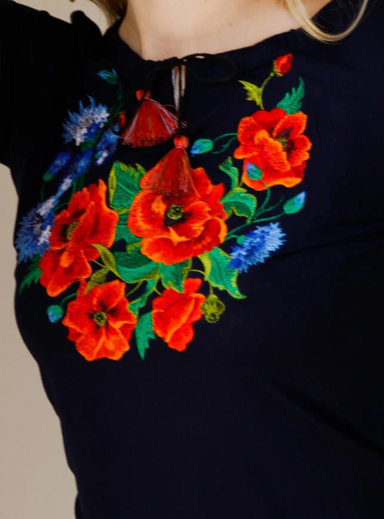 Sizes S-XL. Navy T-shirt with Red Poppy Embroidery - Ukrainian Folk Floral Blouse