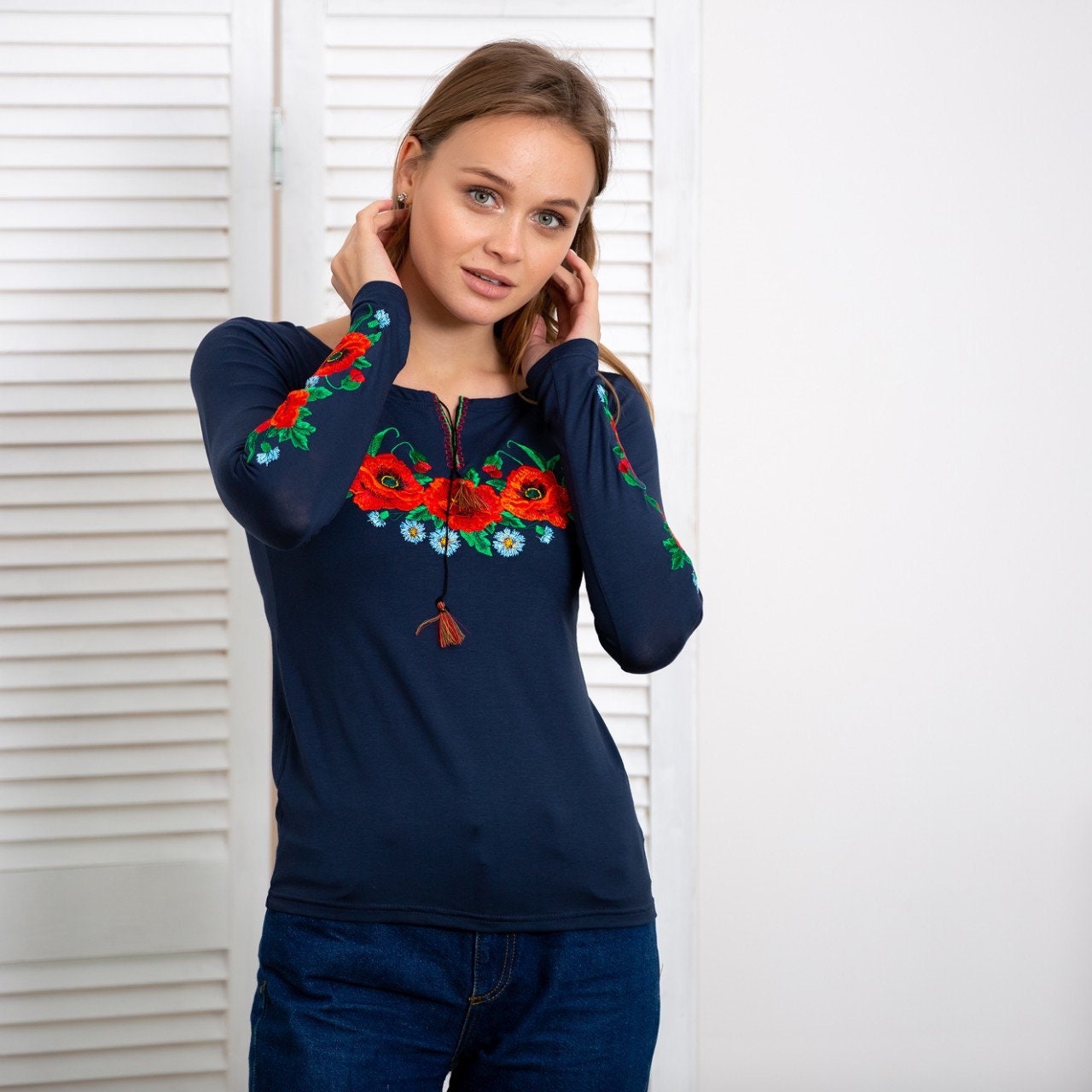 Size XL. Navy Blue Embroidered Blouse with Poppy Flowers – Ukrainian Folk Floral Long Sleeve Top