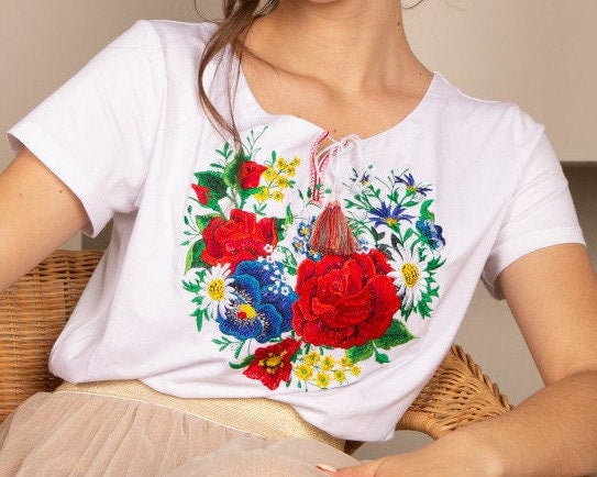 Sizes S-4XL. White T-shirt with Colorful Floral Embroidery - Mexican Folk Tee