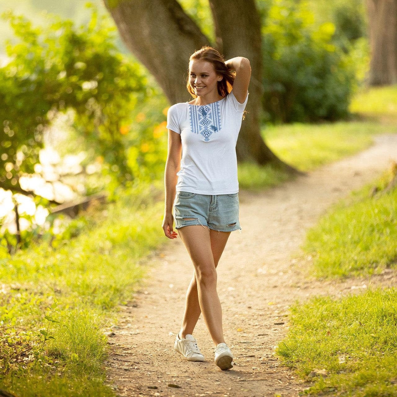 Sizes S-3XL. White Boho T-Shirt with Blue Ukrainian Cross-Stitch Embroidery – Ethnic Folk Tassel Tee with Geometric Floral Motifs