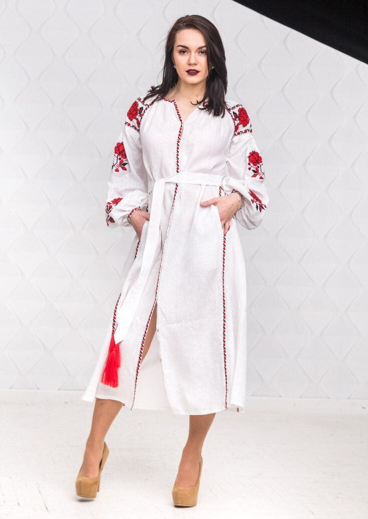 Size 6US/38EU! White Linen Embroidered Dress – Ukrainian Boho Folk Long Sleeve Dress with Red Floral Motif