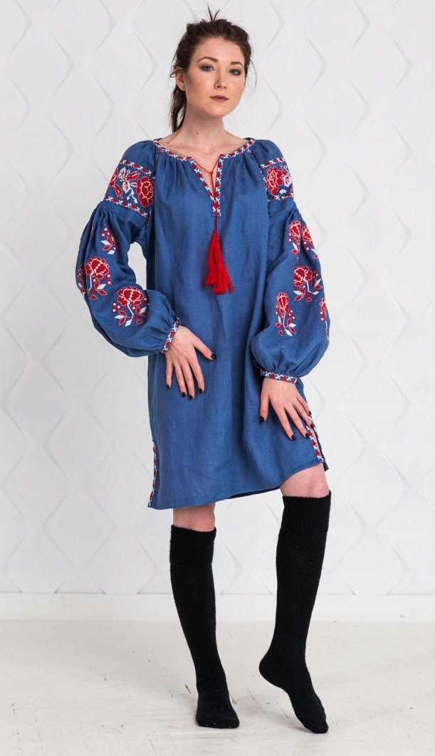 Size 8US//40EU! Denim Linen Vyshyvanka Tunic with Floral Embroidery - Boho Chic Ethnic Dress