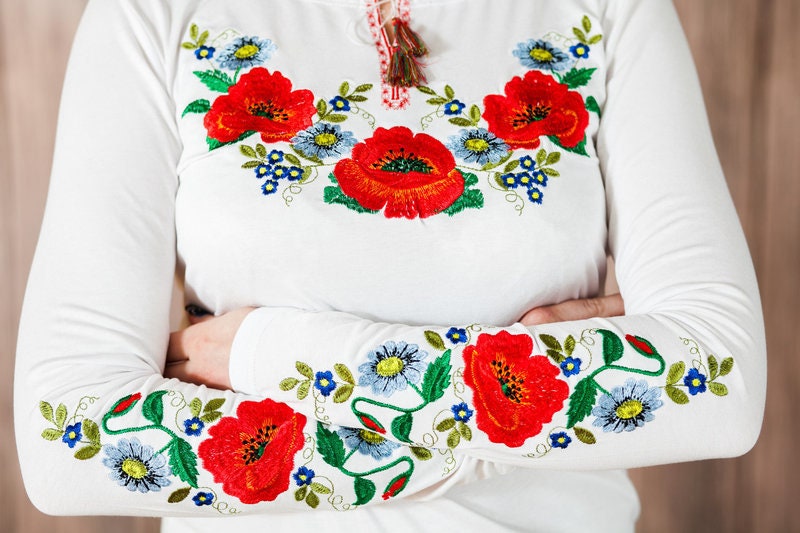 Sizes L-XXL. White Blouse with Red Poppy and Cornflower Embroidery - Folk Long Sleeve Top