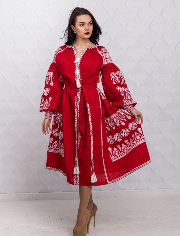 Size 6US! Embroidered Red Midi Dress - Ukrainian White Embroidery Boho Dress - Chic Stylish Midi Outfit